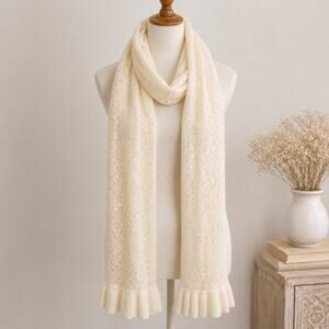 Cream Sequin Knit Scarf Ruffle Fringe Soft Winter Cozy Sparkle Wrap Fairycore